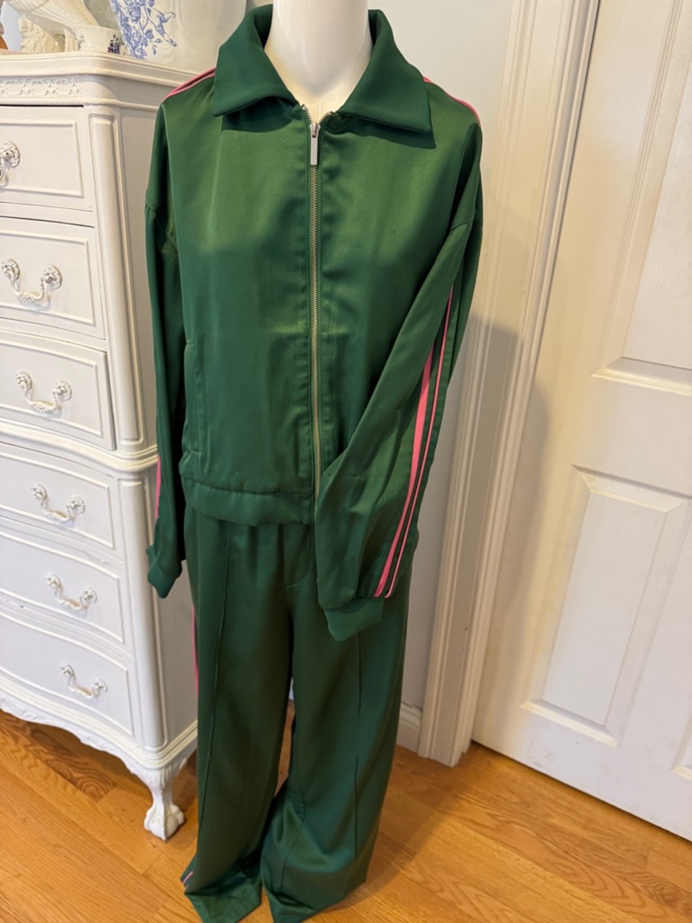Zara Green Track Jacket and Pants with Pink Stripe